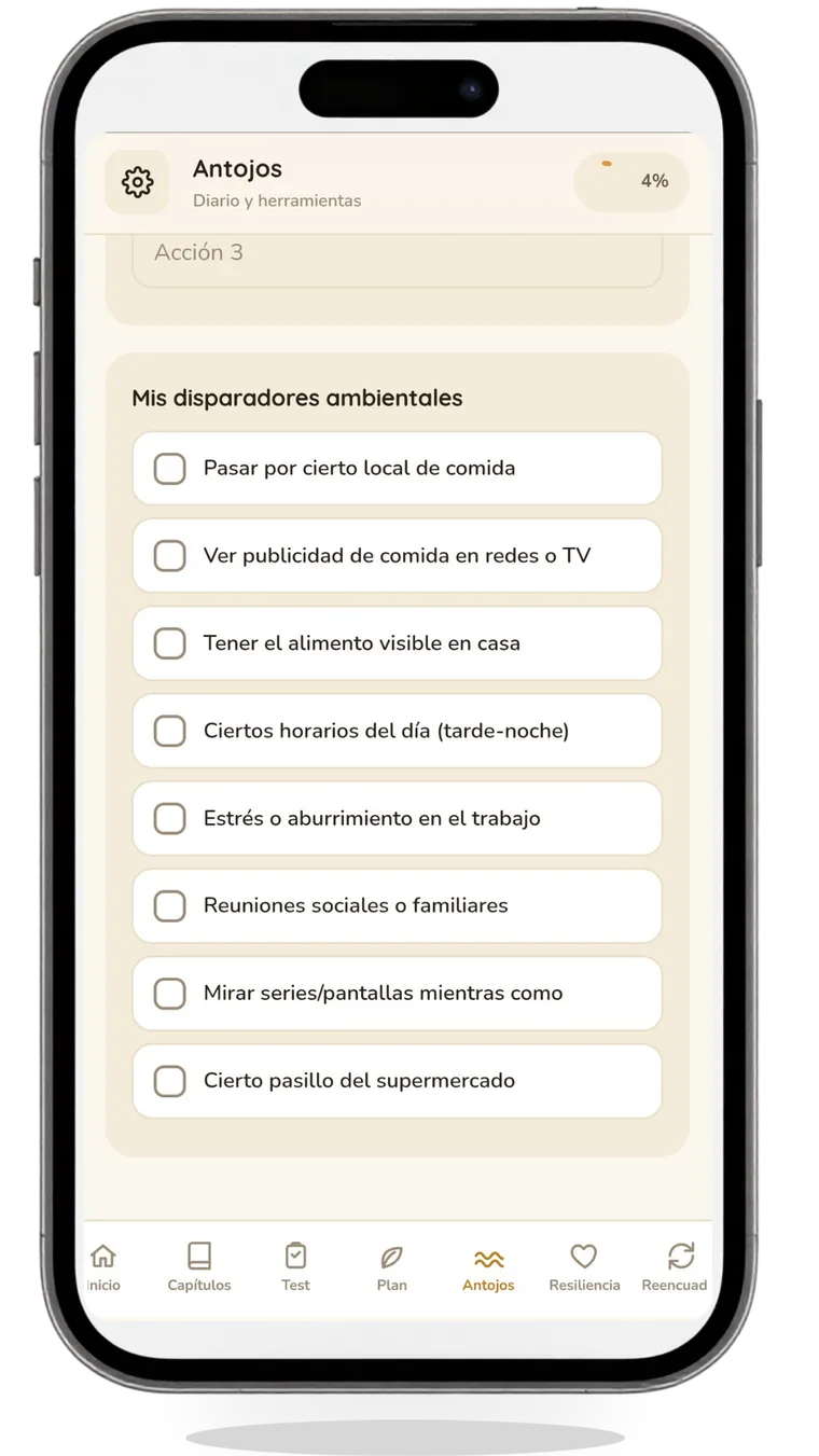 Pantalla de la app con un diario de antojos y una lista de disparadores ambientales para marcar