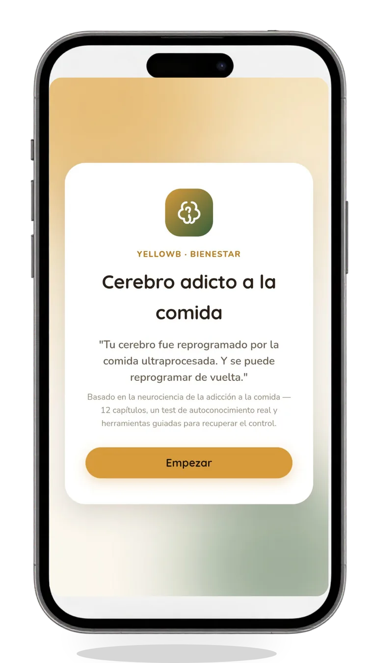 La app Cerebro adicto a la comida abierta en su pantalla de bienvenida, en un teléfono
