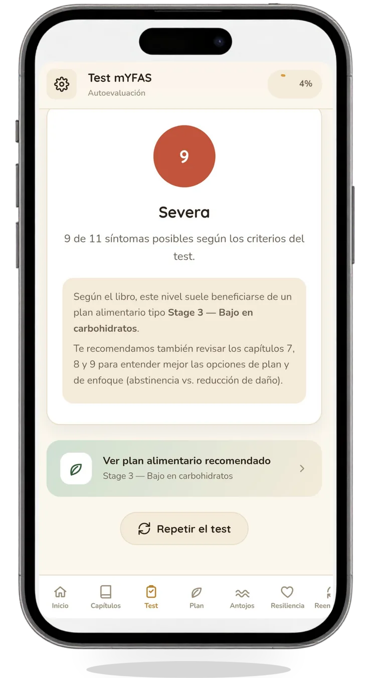 Resultado del test mYFAS en la app, mostrando un nivel severo con 9 de 11 síntomas y la recomendación de plan